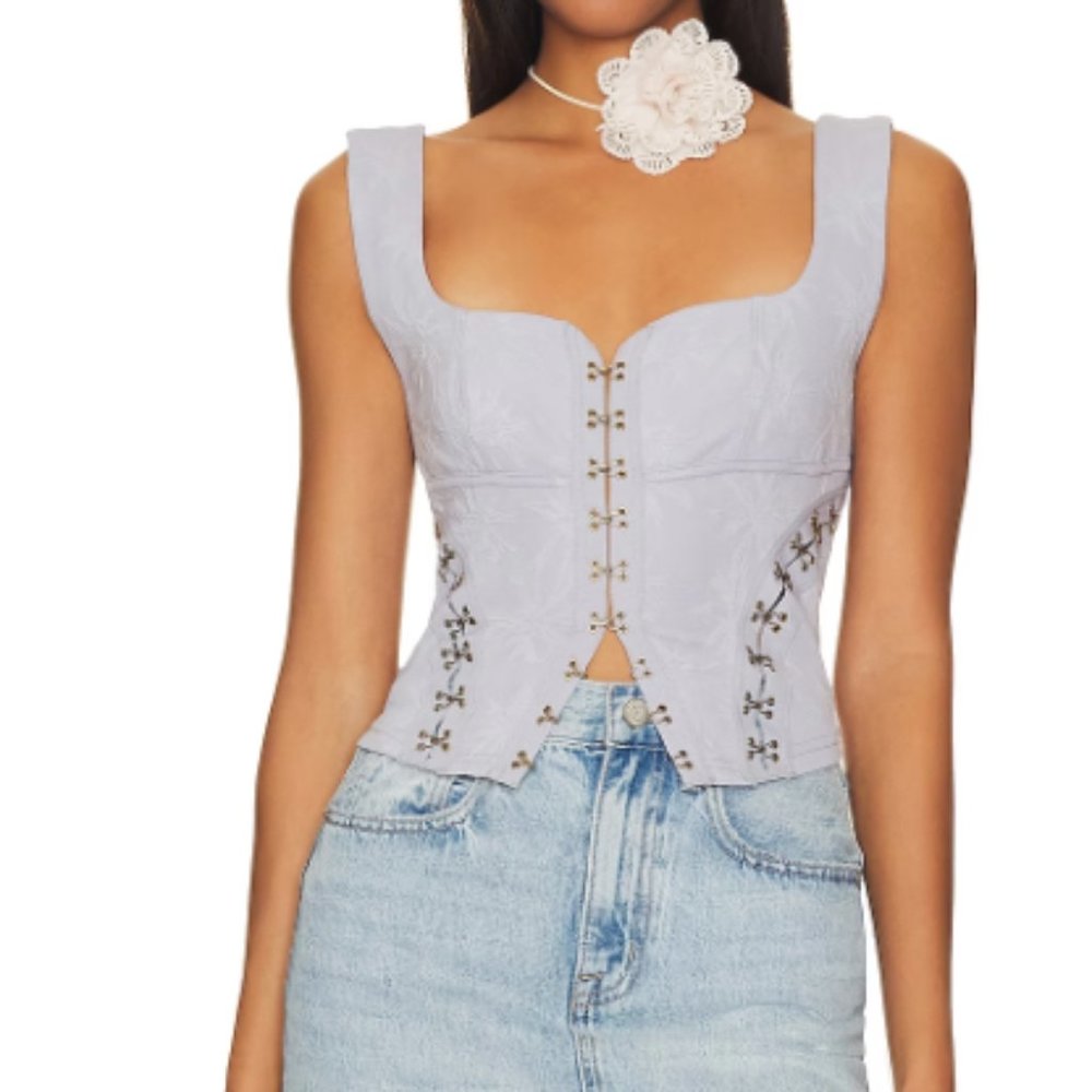 Free People Lavender Embroidered Lace-Up Corset Tank Top